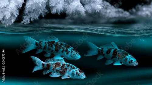 Glowing Koi Fish Swimming Beneath Crystal Surface of Frozen Lake in Surreal Winter Wonderland