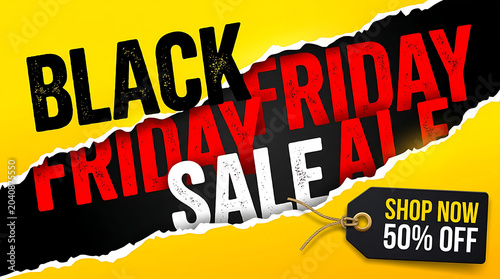 Black Friday Sale Banner with Torn Paper Effect and 50% Off Tag