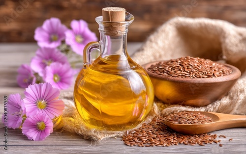 Artisanal Flax Seed Oil in Glass Bottle Surrounded by Natural Ingredients and Fresh Flowers