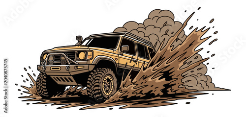 Off road vehicle driving through mud vector illustration