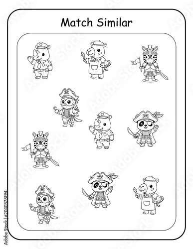 Printable costume animal picture matching worksheets for preschool and pre-k learners. Kids identify matching dressed-up animal pairs and draw connecting lines, building visual discrimination 
