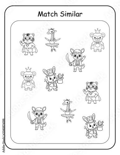 Printable costume animal picture matching worksheets for preschool and pre-k learners. Kids identify matching dressed-up animal pairs and draw connecting lines, building visual discrimination 