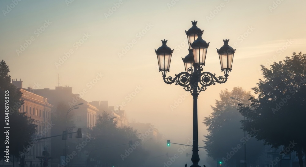 Obraz premium Vintage lamppost on a foggy city street at dawn.