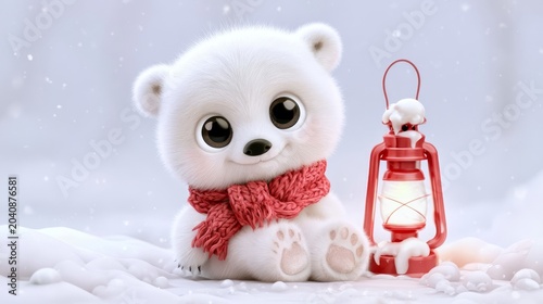 Cute Fluffy Polar Bear Cub Wearing a Knitted Scarf Beside a Lantern in a Wintry Frozen Landscape