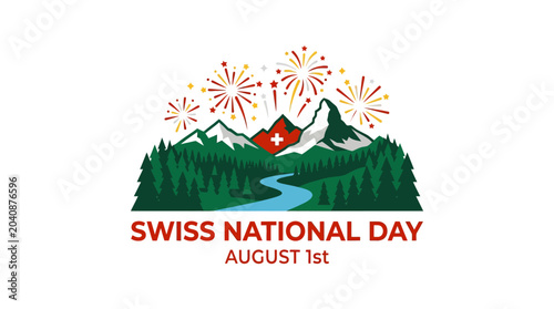 Swiss National Day Celebration: Mountains, Fireworks, and Swiss Flag