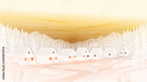Принти на полотні Gradient illustration of cozy winter village with mountains and trees at sunset