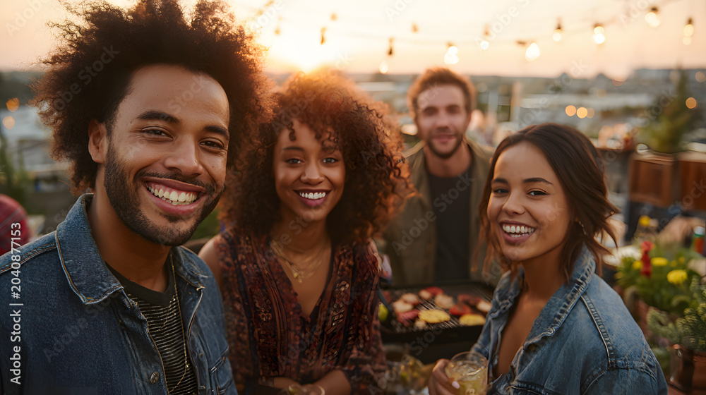Fototapeta premium A diverse group of friends enjoying a rooftop barbecue at sunset, capturing a moment of joy and connection