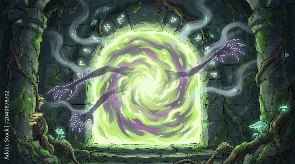 Obraz premium Green Haunted Portal with Ghostly Arms Reaching Out 