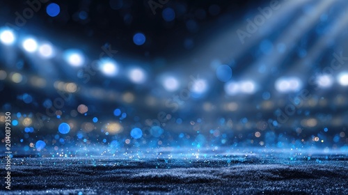Blurred stadium lights illuminate a sparkly, textured ground with floating blue particles