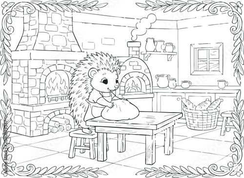 Cute hedgehog kneading dough in rustic kitchen coloring book style