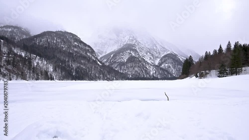 A winter of magic and mystery. Lake Predil in winter. Tarvisio.