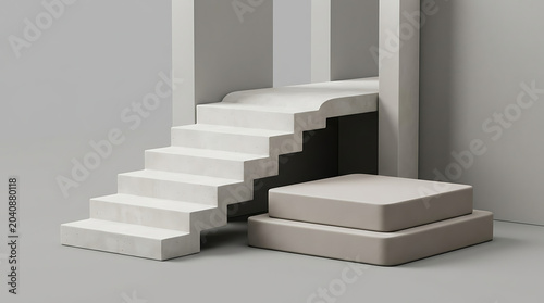 Minimalist concrete staircase with platform display stand product showcase