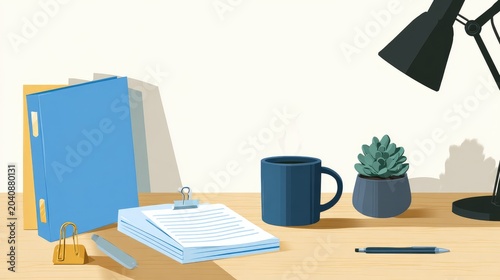 A workspace with a blue binder, papers, coffee, lamp, and plant