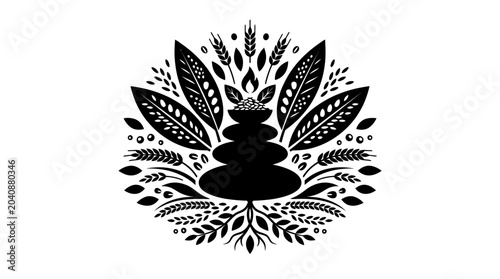 Canvas Print Zen Balance Stacked Stones with Organic Leaves and Wheat Graphic