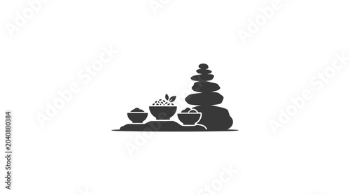 Photography Zen spa stones stack and bowls with natural ingredients for wellness and relaxat
