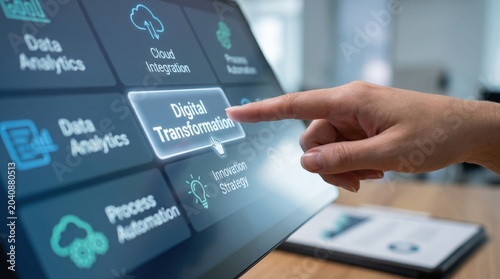 Business technology, digital transformation concept, hand interacting with futuristic interface, data analytics screen