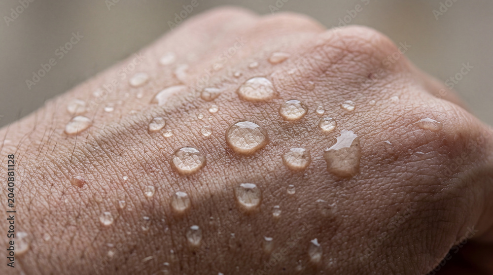 Fototapeta premium Liquid jewels gather on a hand's skin, a beautiful display of nature's simple purity at close range