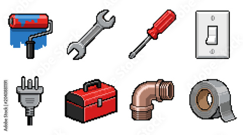 Collection of pixelated maintenance tools and hardware elements, representing diy projects, repairs, and general handyman work