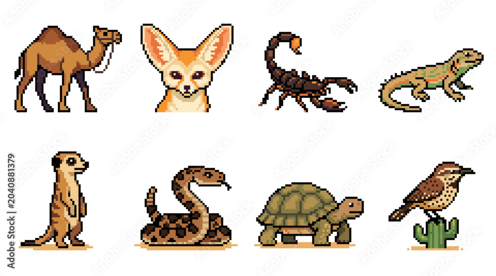 Obraz premium Pixel art desert animals collection with camel, fennec fox, scorpion, lizard, meerkat, snake, tortoise, and bird set