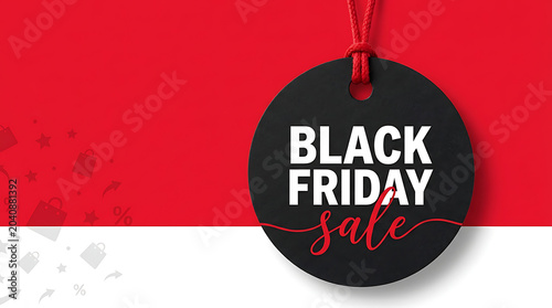 Black Friday Sale Circular Tag on Red and White Background