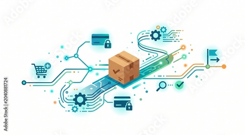 Clean flat vector concept of an automated online shopping checkout process and digital package delivery tracking on a white background