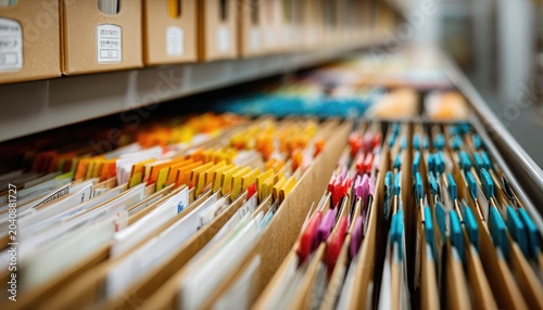 Rows of colorful hanging files and folders organized neatly on shelves