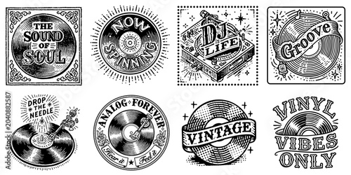 Foto A set of eight vintage style hand drawn music and vinyl record labels featuring