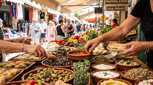 Vibrant outdoor market with people browsing abundant fresh local produce, traditional delicacies, and prepared dishes, offering an authentic culinary experience