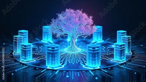 A glowing purple tree sits at the center of a futuristic digital circuit platform, surrounded by blue holographic server towers.