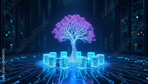 A glowing purple digital tree stands at the center, surrounded by blue holographic blocks on a circuit-patterned floor in a dark server room. 