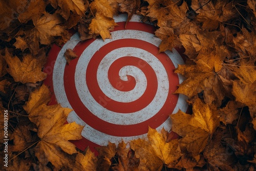 Spiral target surrounded by autumn leaves