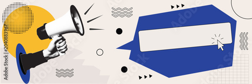 Cuadro en lienzo Megaphone Marketing Announcement Halftone Collage Vector Illustration with Speec
