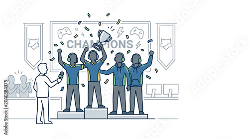 Cuadro en lienzo Esports team celebrating championship victory on podium.
