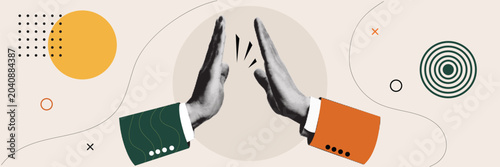Fotografie Two Business People Giving High Five Halftone Collage Illustration — Teamwork Su