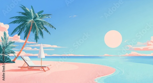 Serene beach scene with lounge chair, umbrella, palm trees, and ocean at sunset
