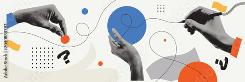 Tableau sur toile Three Hands Pointing Writing and Raising Halftone Collage Illustration — Creativ