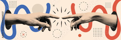 Quadro su tela Two Hands Touching Fingers Halftone Collage Illustration Inspired by Creation of