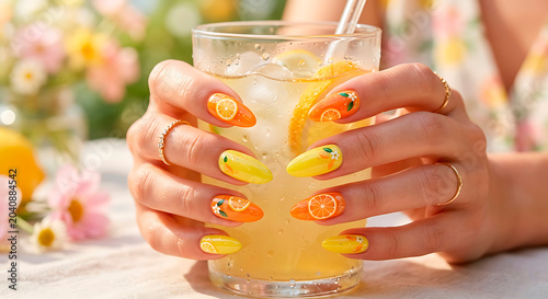 Lemon nail design, citrus nail art on almond-shaped extensions, featuring detailed hand-painted orange and lemon slices, blossoms, and neon yellow and orange gel overlays holding a cold lemonade glass