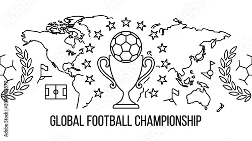 Global football championship linear illustration with world map and trophy.