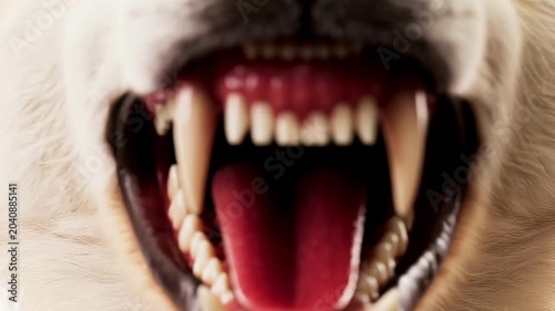Mad dog, animal rabies. An enraged animal lunges straight at the camera, its mouth wide open, revealing sharp teeth.