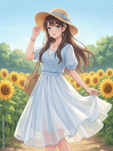 Anime girl smiling in sunflower field against summer background