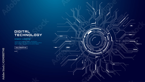 фотографія Futuristic blue tech background with glowing HUD portal, digital circuit board pattern and flowing data lines