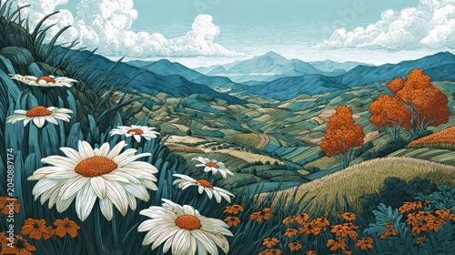 Daisies front a vibrant rolling landscape with distant mountains and trees
