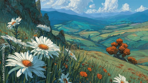 Sunlit meadow with daisies overlooks rolling green hills and distant blue mountains
