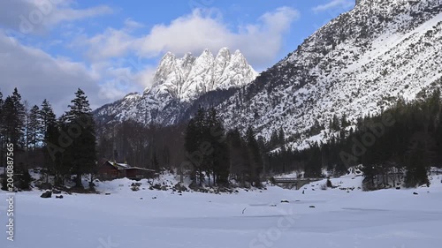 A winter of magic and mystery. Lake Predil in winter. Tarvisio.
