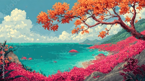 Vibrant pixel art landscape of a coast with orange tree, pink flowers, and blue sea