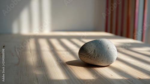 A single grey stone rests on a wooden surface, illuminated by sunlight and shadows