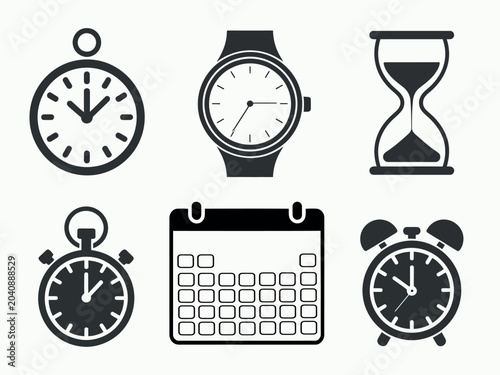 Valokuva vector icons showing timekeeping symbols set wall clock wristwatch hourglass stopwatch calendar page alarm clock minimal flat style for infographic education time management apps