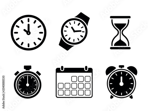 Valokuva vector icons showing timekeeping symbols pack wall clock wristwatch hourglass stopwatch calendar page alarm clock for business workflow planning deadline tracking reminder system