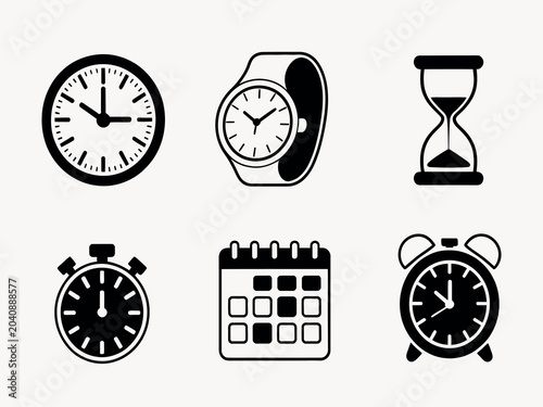 Foto vector icons showing timekeeping symbols wall clock wristwatch hourglass stopwatch calendar page alarm clock set for time management productivity business planning